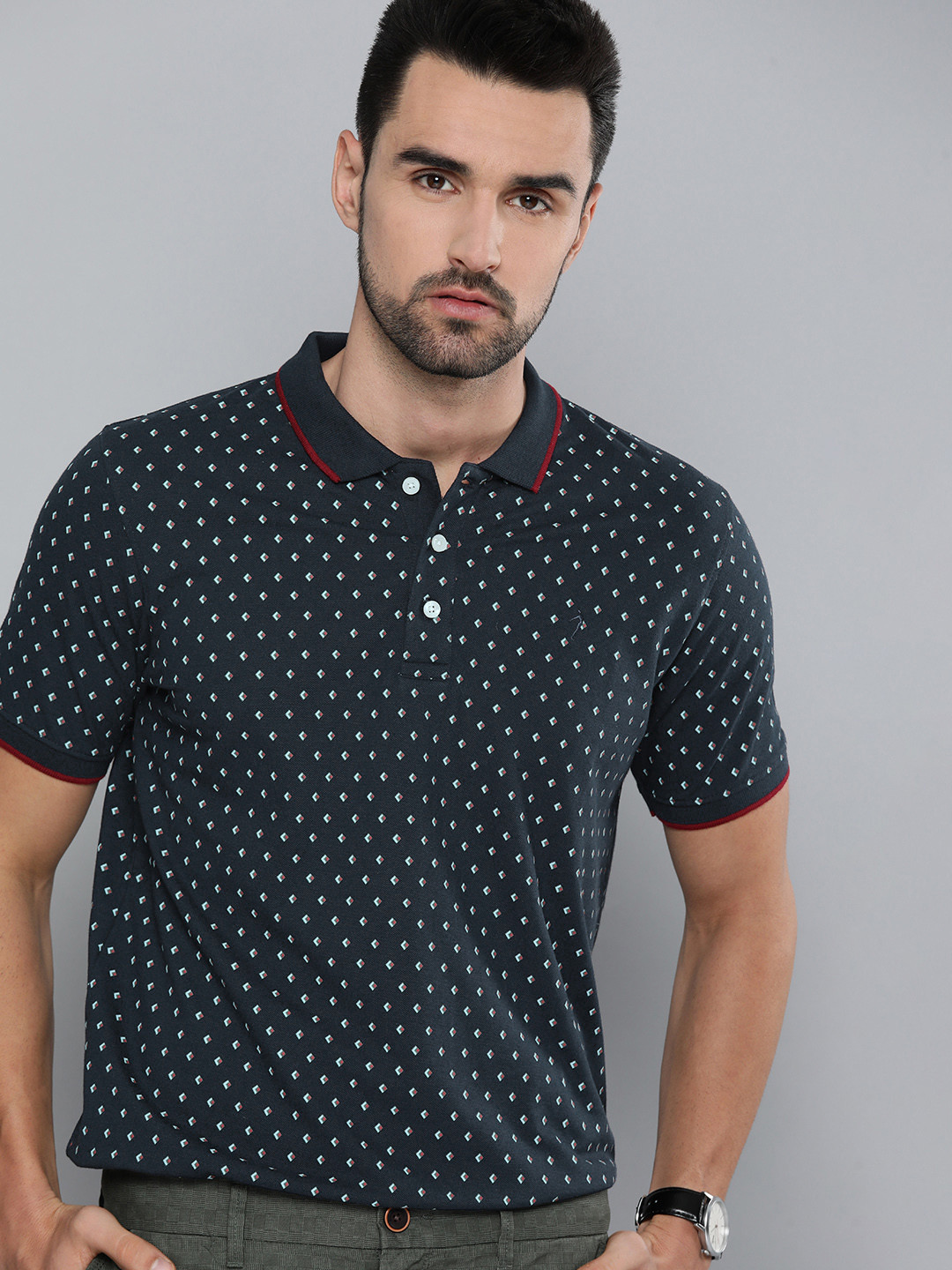 Indian Terrain Men Navy Blue & Green Geometric Printed Polo Collar Slim Fit T-shirt