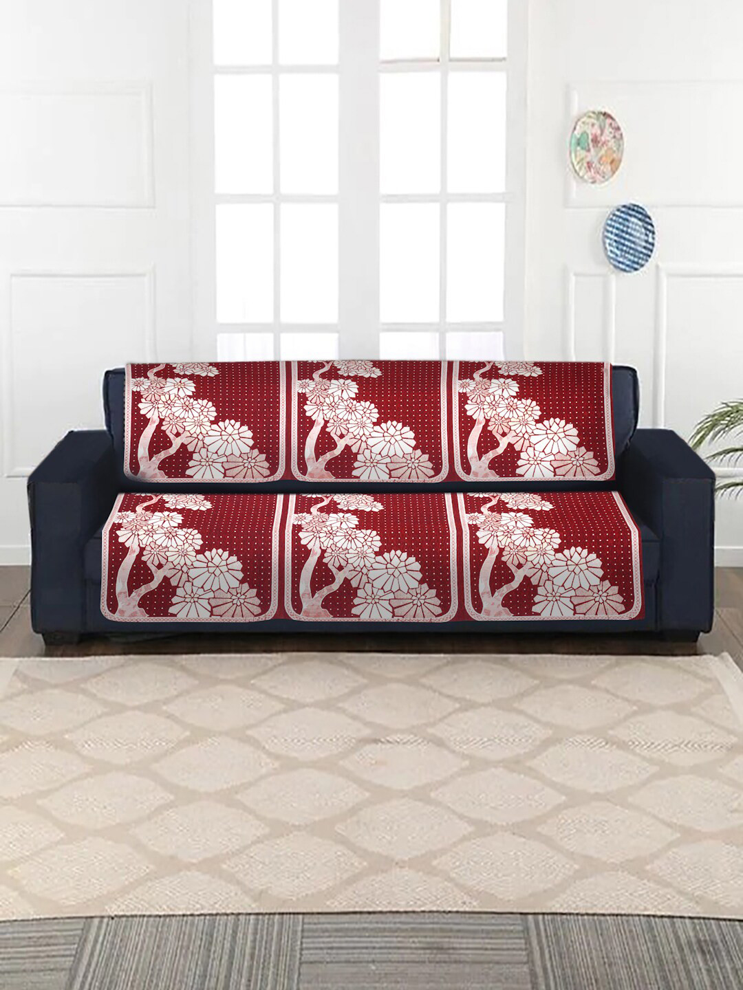 HOSTA HOMES Red Floral Woven Design 5 Seater Sofa Cover Set