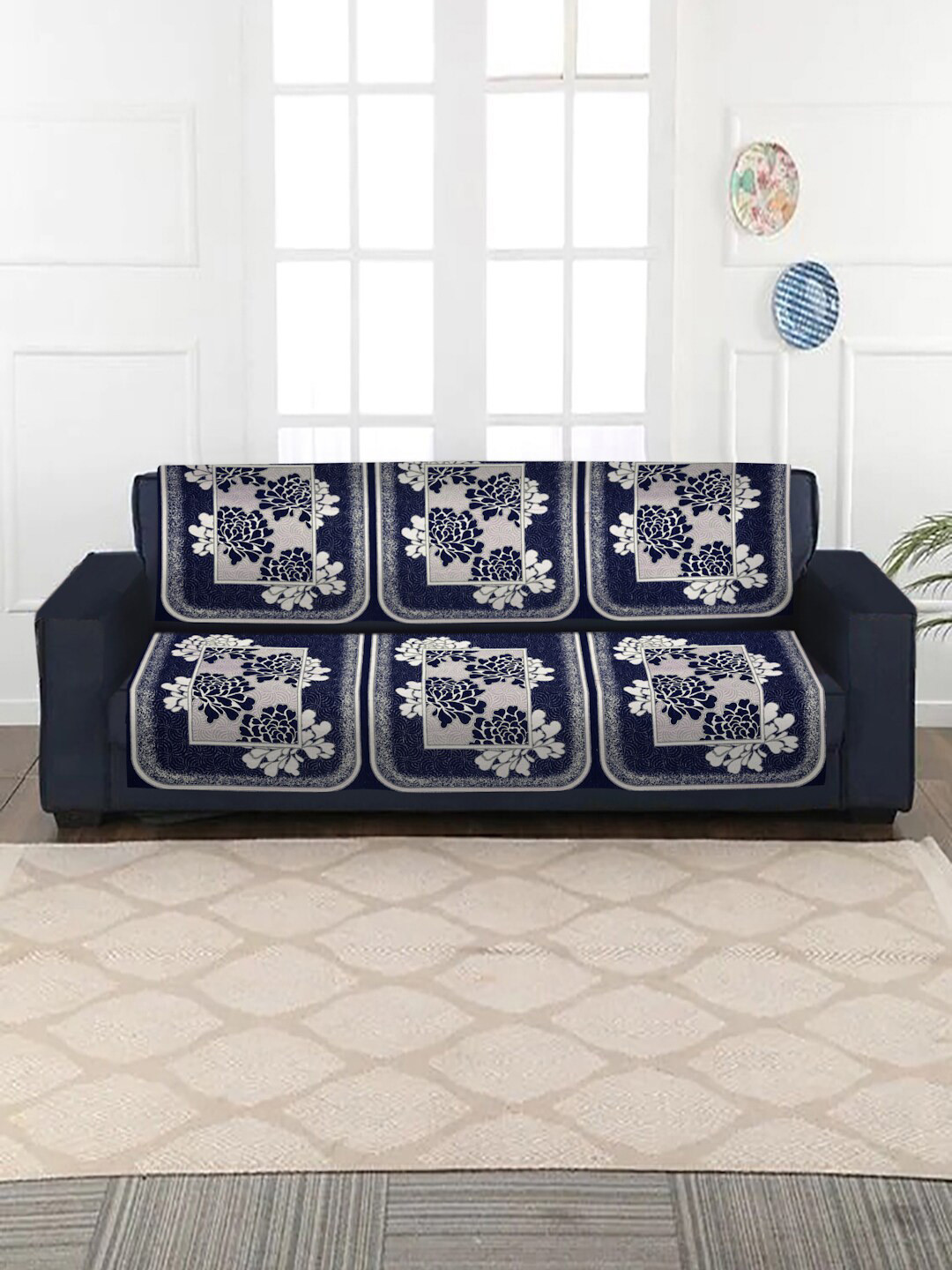HOSTA HOMES Set of 10 Navy Blue Jacquard Velvet 5 Seater Sofa Cover Set