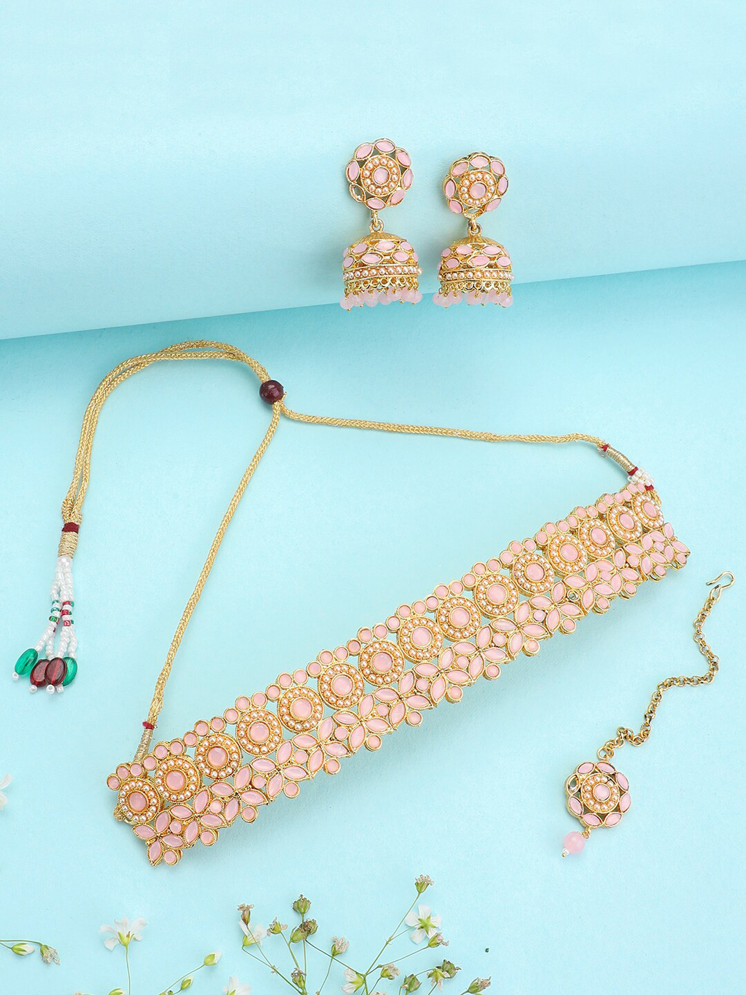 ANIKAS CREATION Women Gold-Plated White & Pink Stone-Studded Beaded Jewellery Set