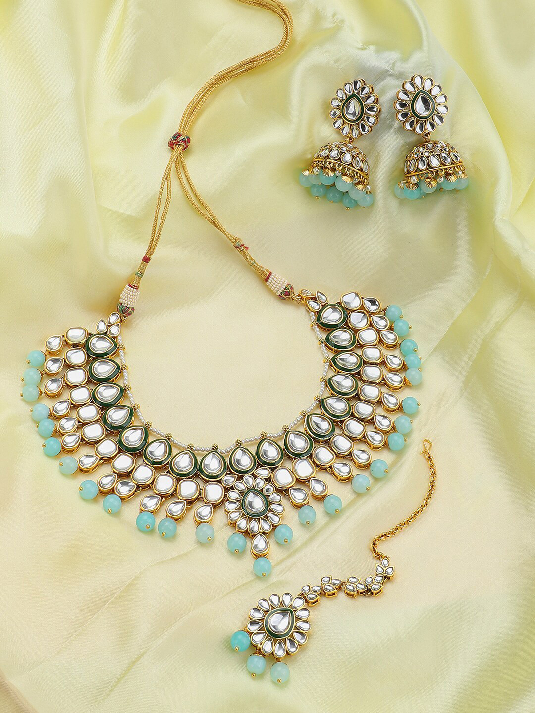 ANIKAS CREATION Gold-Plated White & Sea Green Kundan-Studded & Beaded Traditional Hasli Jewellery Set