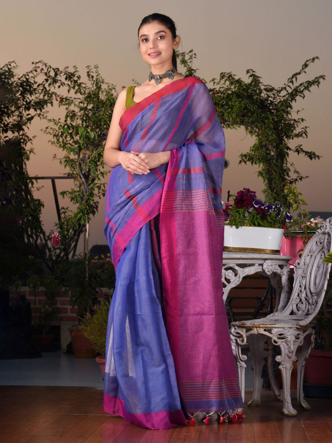 Charukriti Blue & Purple Striped Silk Cotton Saree