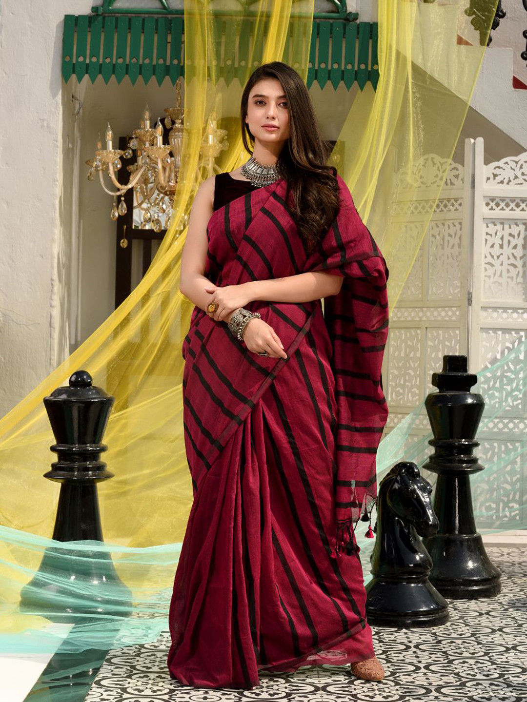 Charukriti Maroon & Black Striped Pure Cotton Saree