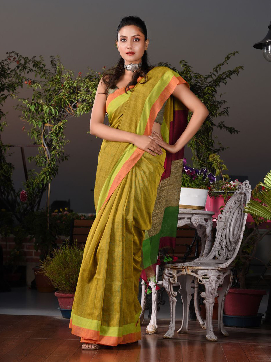 Charukriti Mustard & Yellow Woven Design Pure Cotton Handwoven Saree