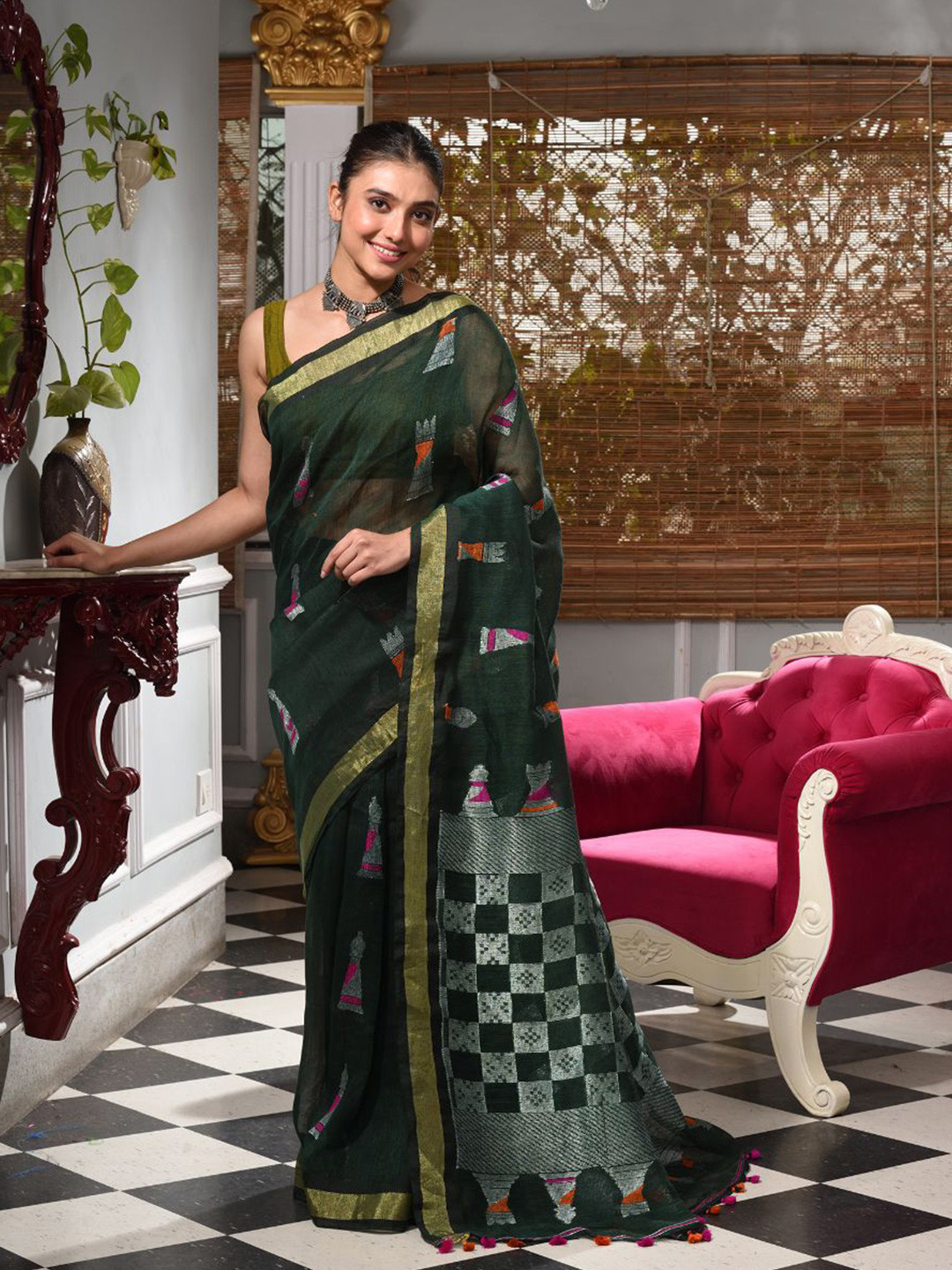 Charukriti Green & Silver-Toned Woven Design Zari Pure Linen Saree