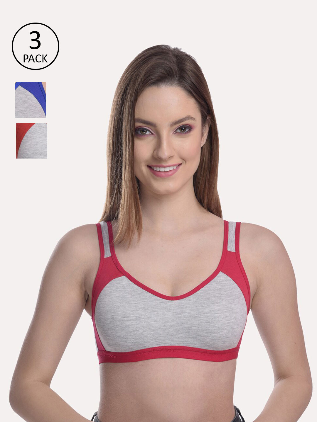 Softskin Grey & Red Pack Of 3 Colourblocked Non Padded Non Wired Bra