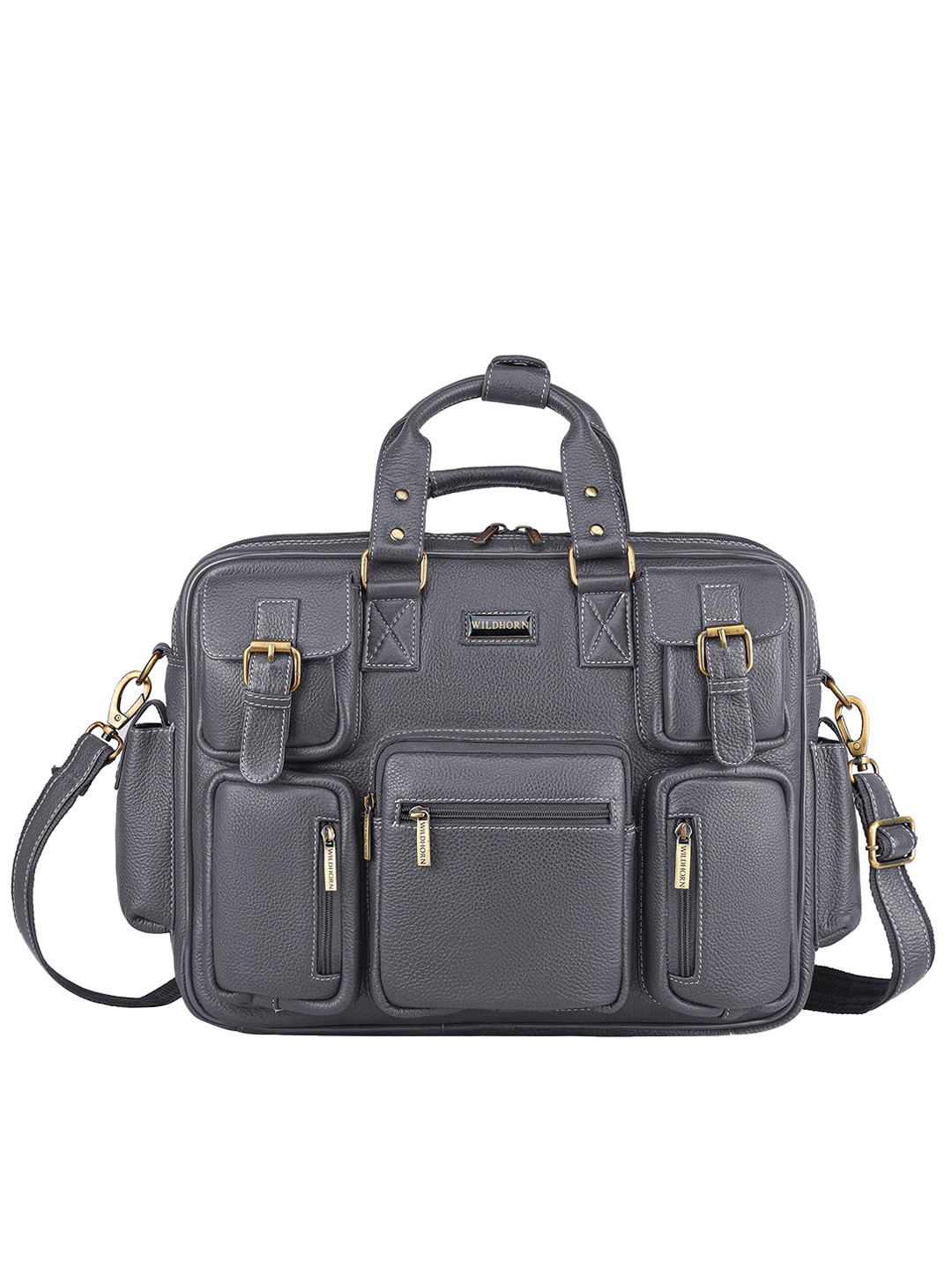 WildHorn Men Grey Leather Laptop Bag