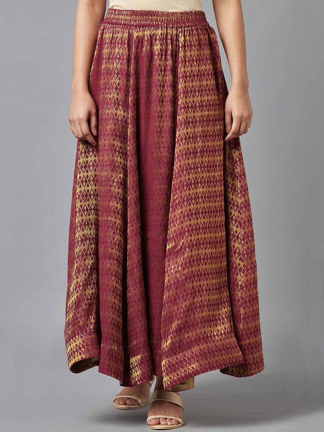 elleven Women Maroon & Gold-Coloured Flared Maxi Skirt