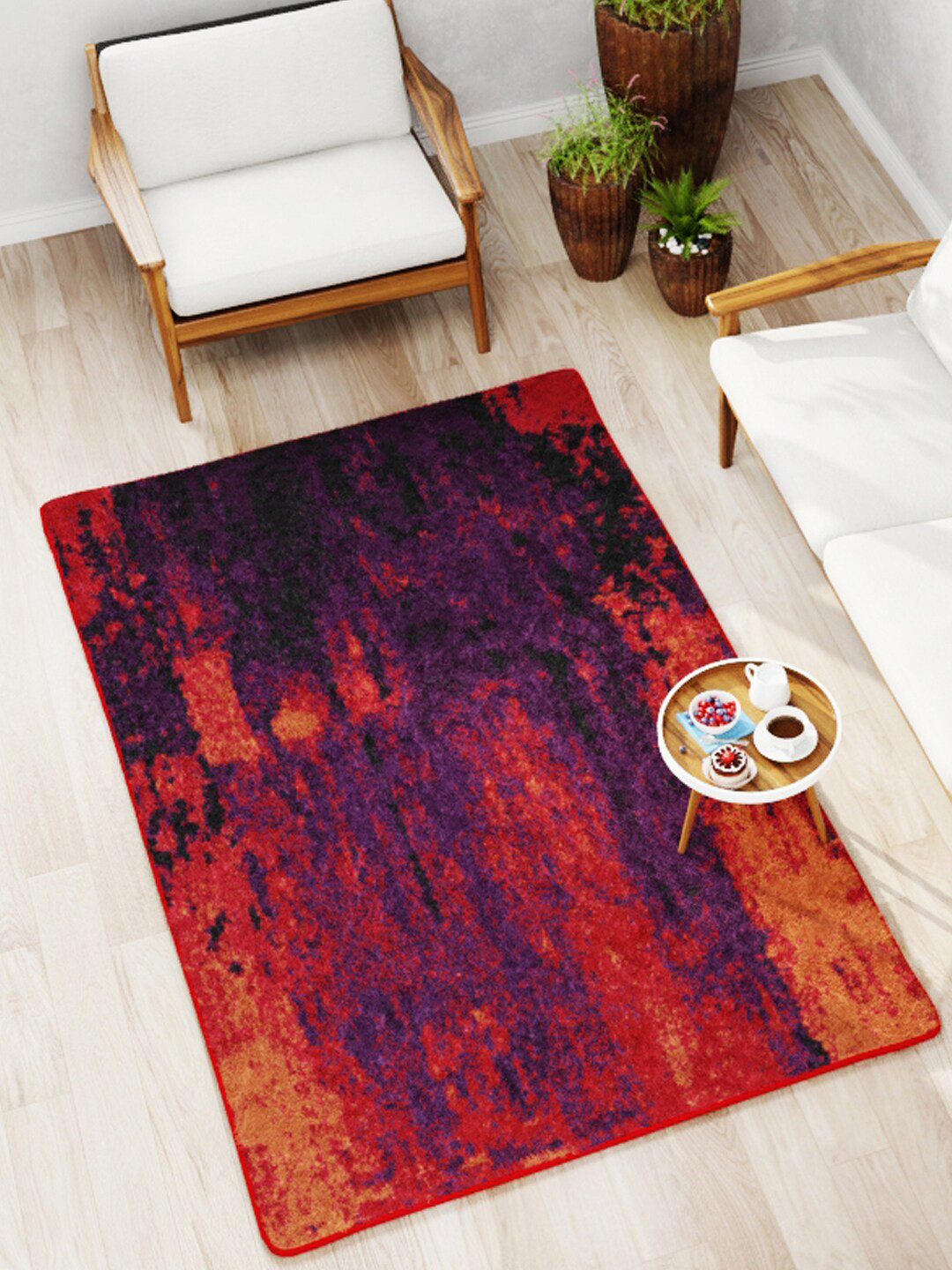 BIANCA Red & Purple Patterned Soft-Fluffy Area-Rug Carpet With Non-Slip Rubber Backing