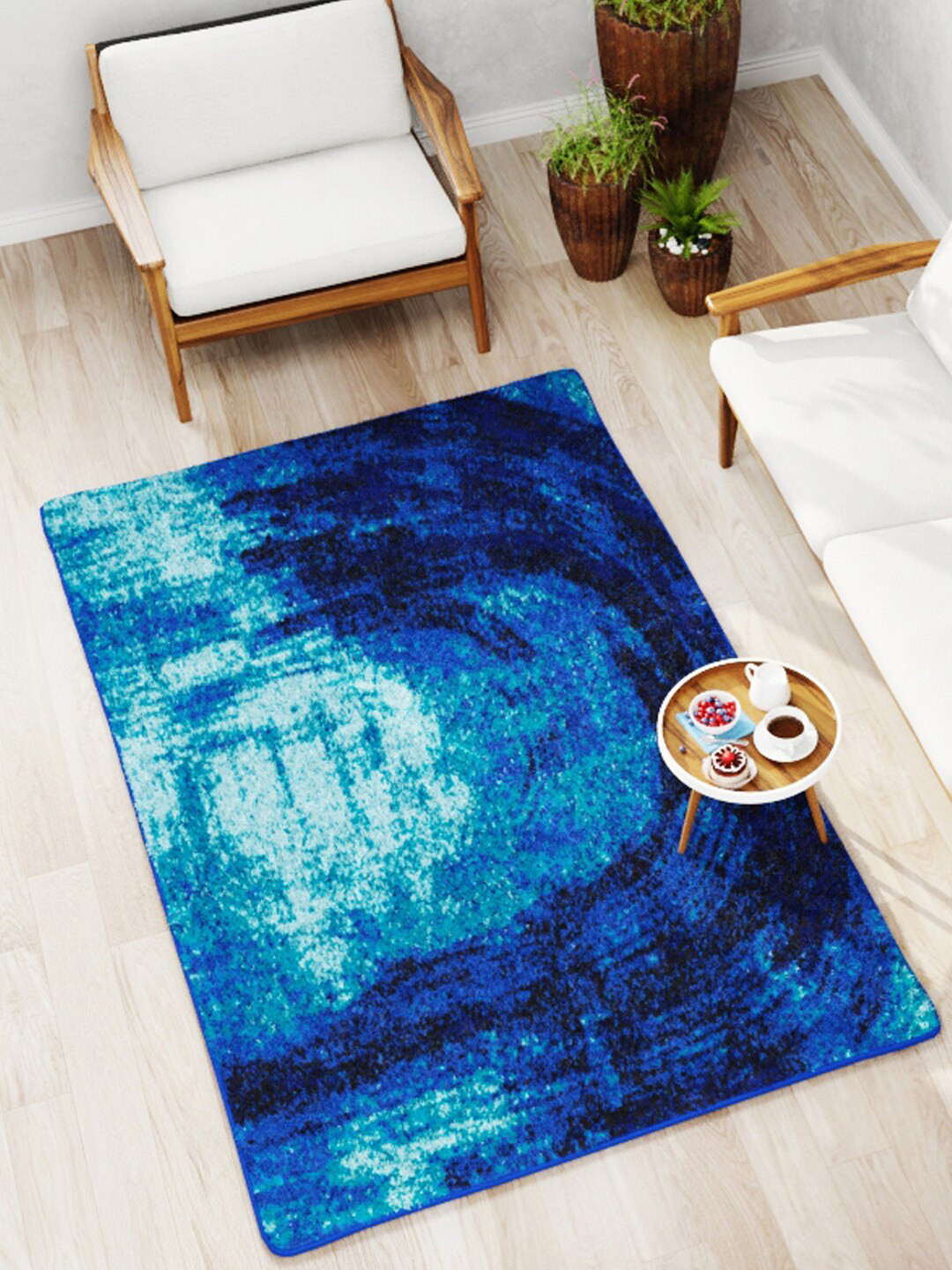 BIANCA Blue Abstract Printed Anti-Skid Soft & Fluffy Rectangular Carpet