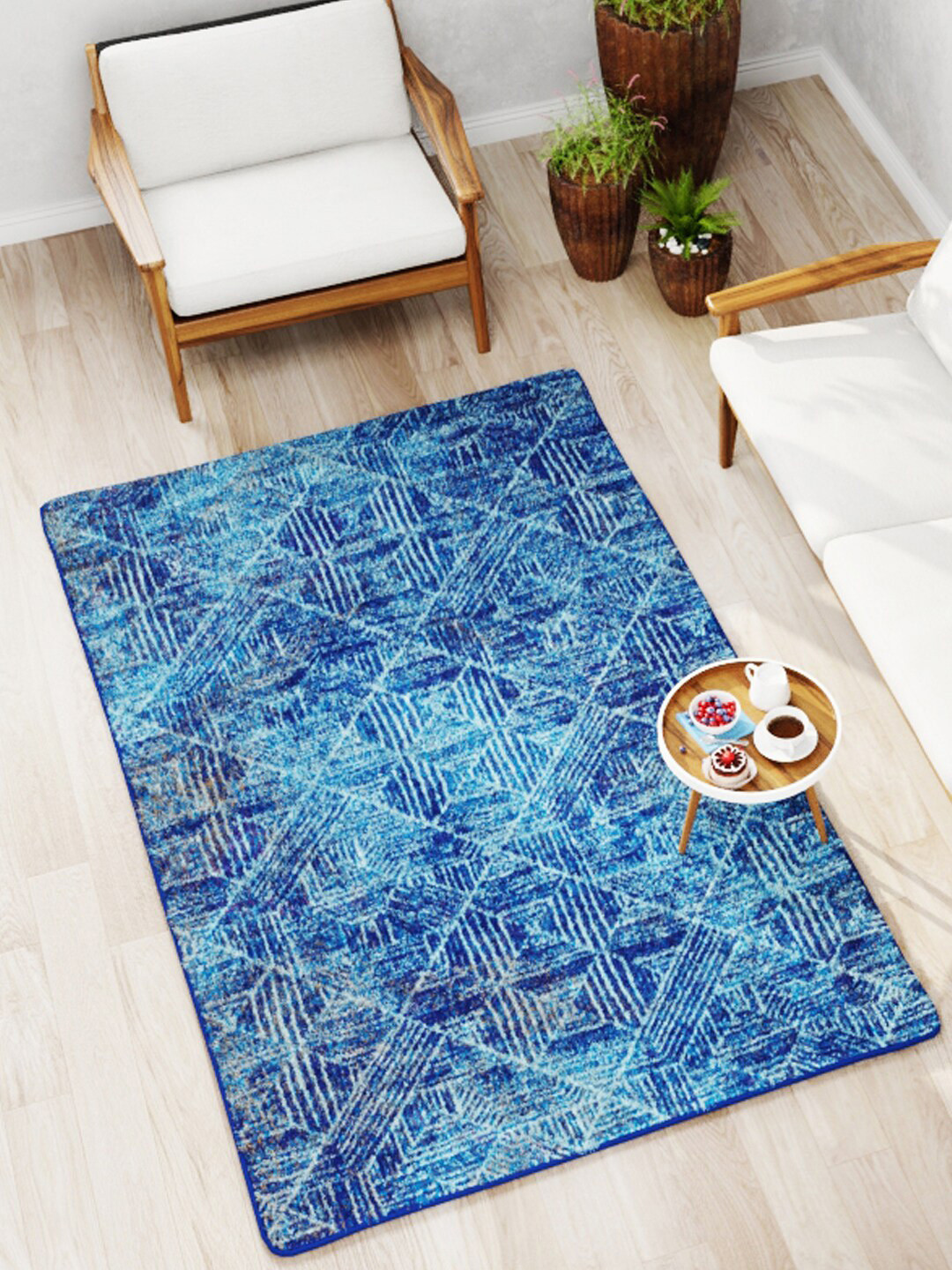 BIANCA Blue Soft Fluffy Area Rug Carpet With Non-Slip Rubber Backing