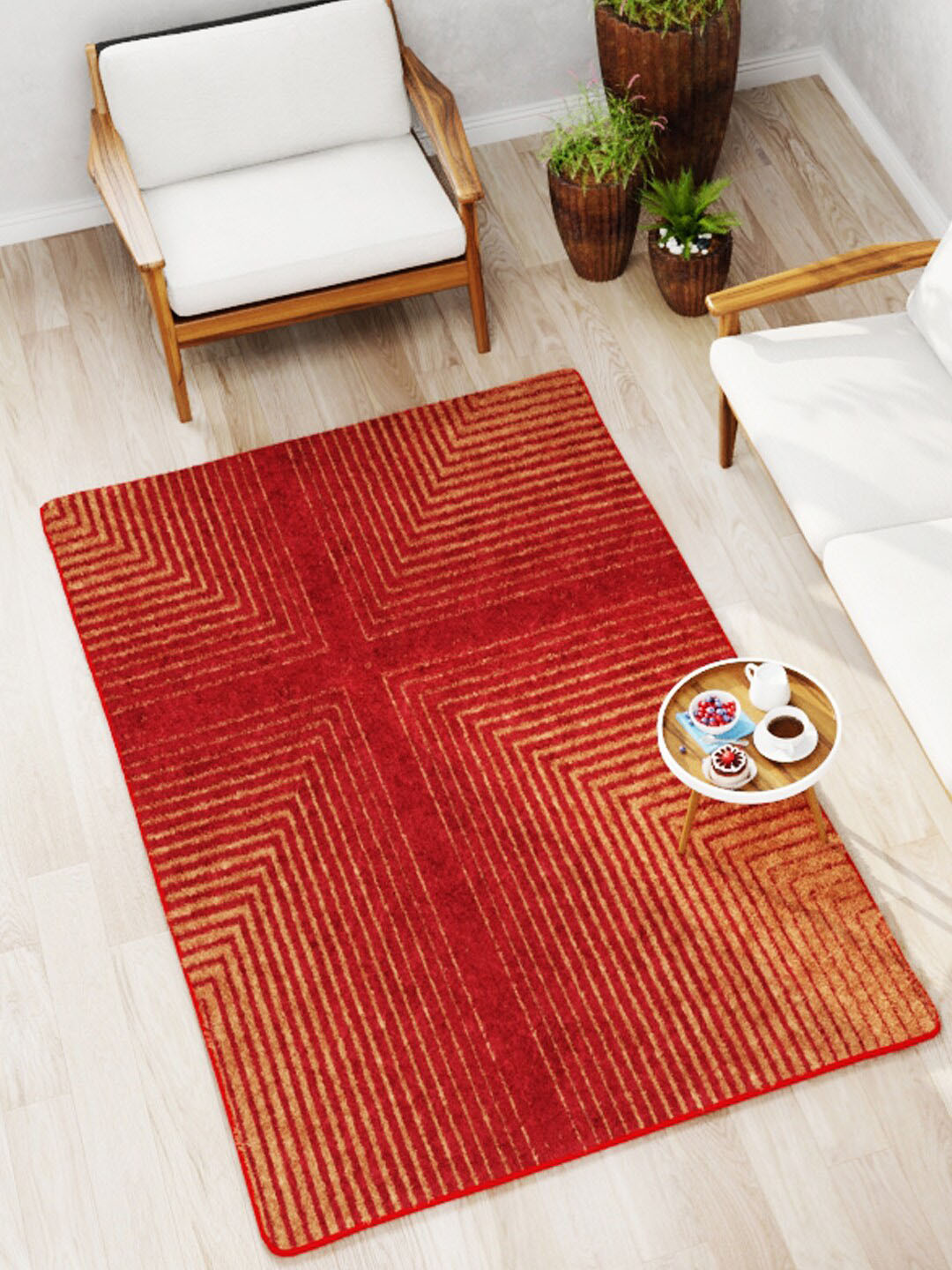 BIANCA Red & Beige Geometric Printed Anti-Skid Soft & Fluffy Rectangular Carpet