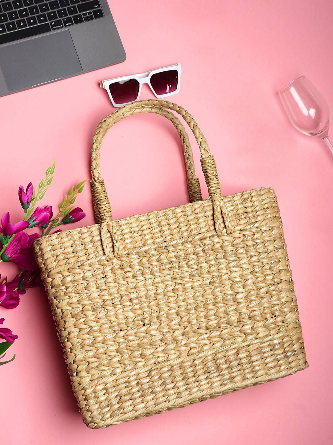 HABERE INDIA Beige Grass Storage Basket