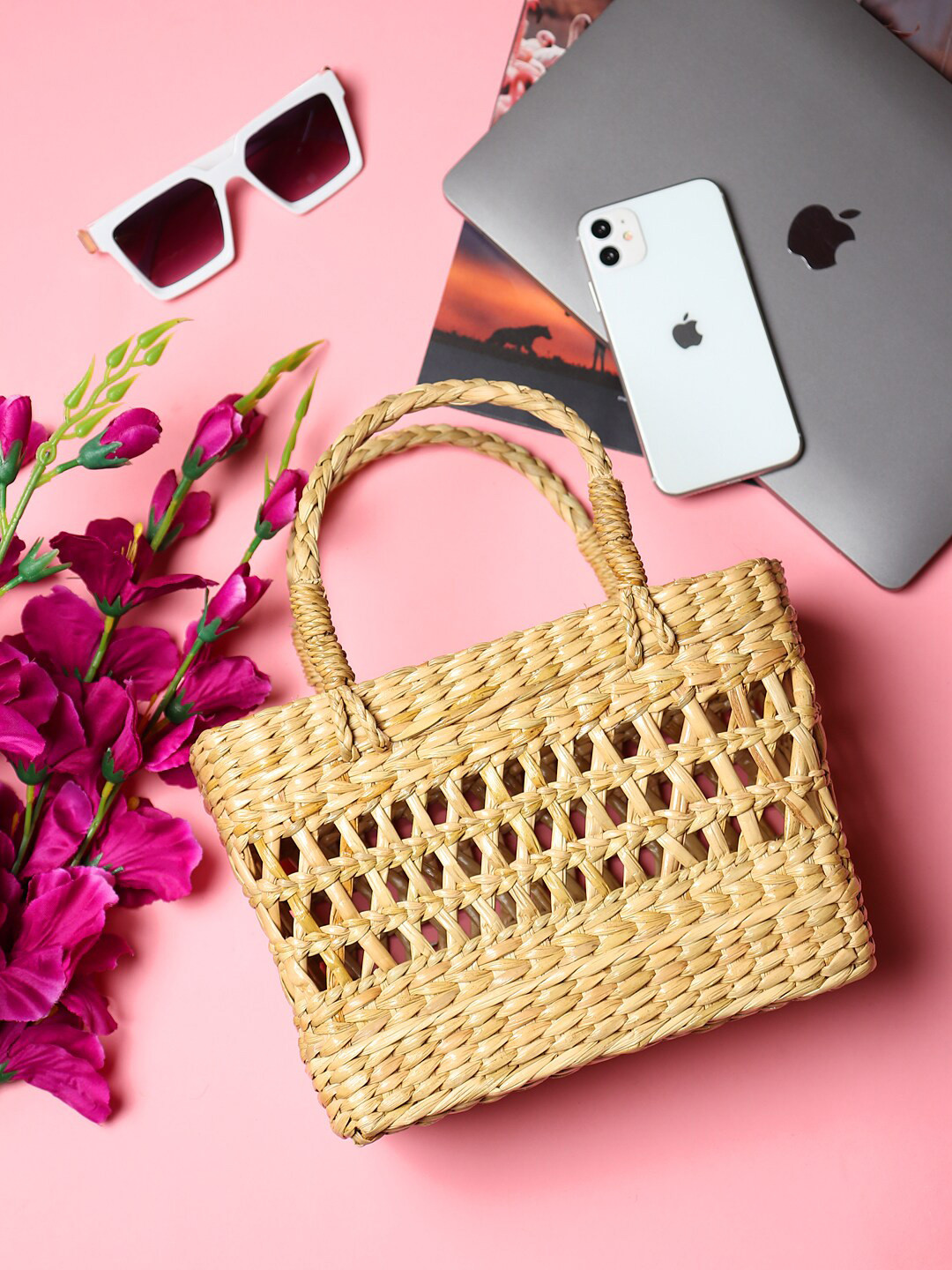 HABERE INDIA Beige Grass Storage Basket