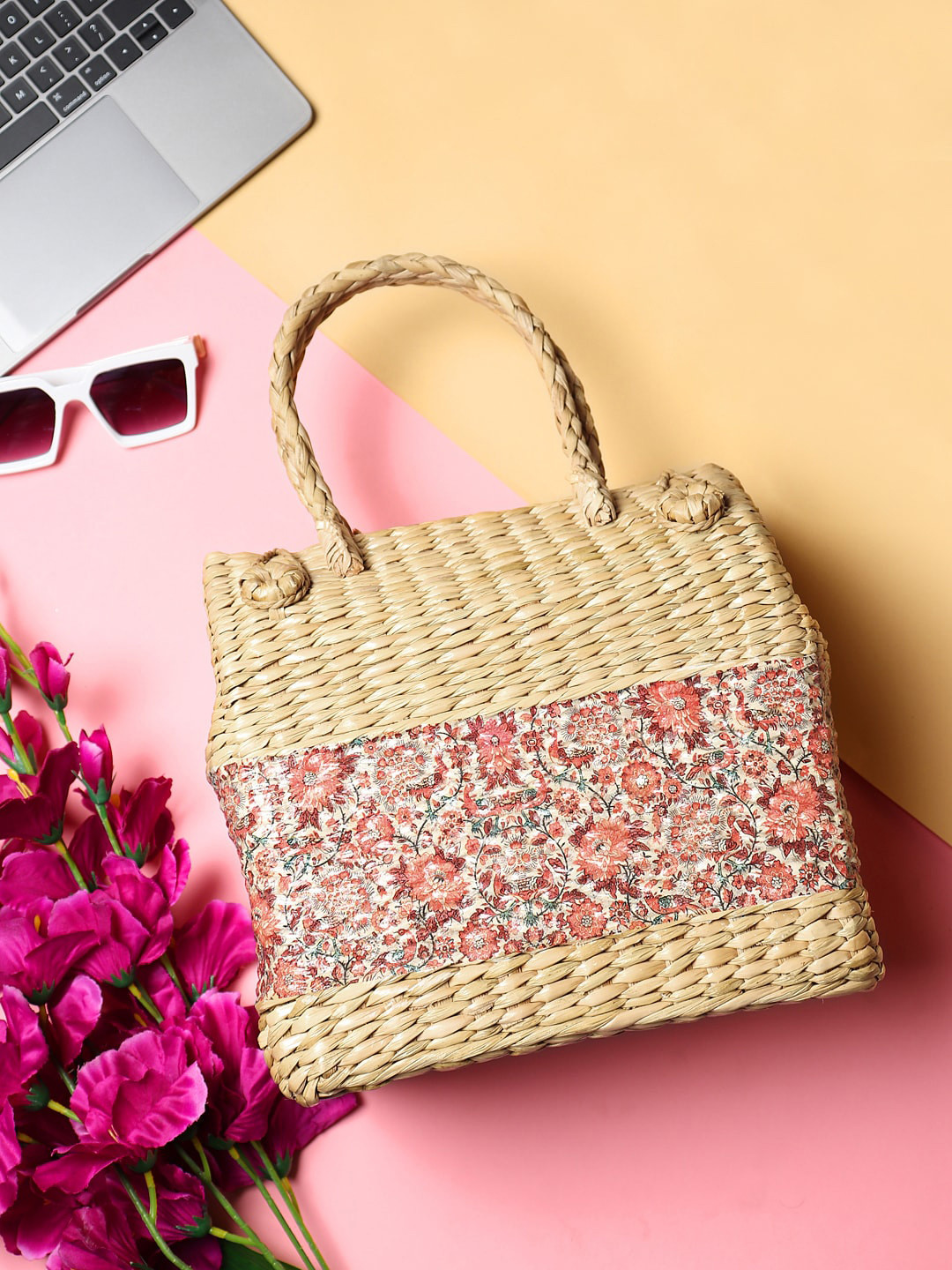 HABERE INDIA Multicoloured Printed Grass Storage Basket