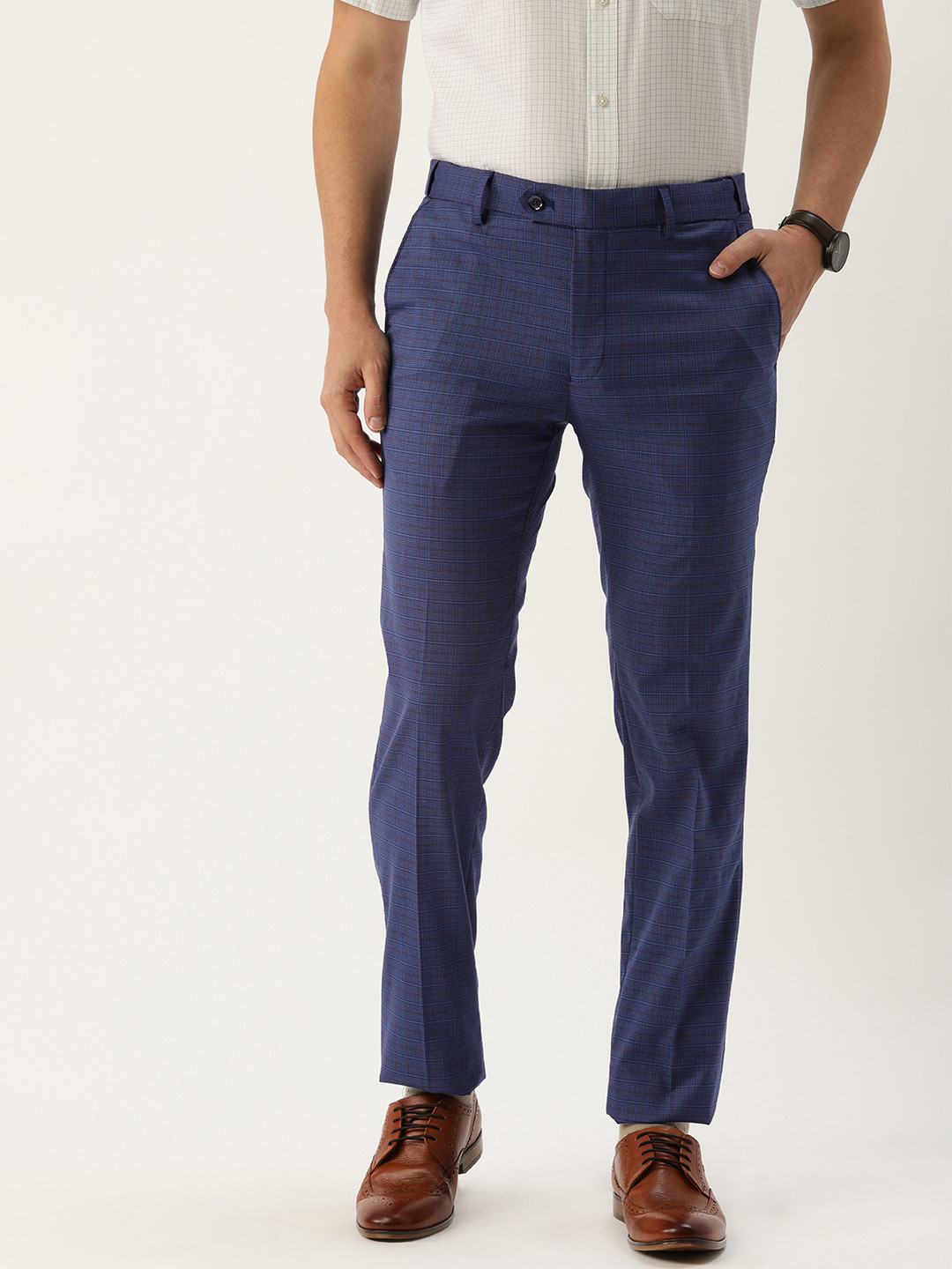 Peter England Men Navy Blue Checked Slim Fit Wrinkle Free Formal Trousers