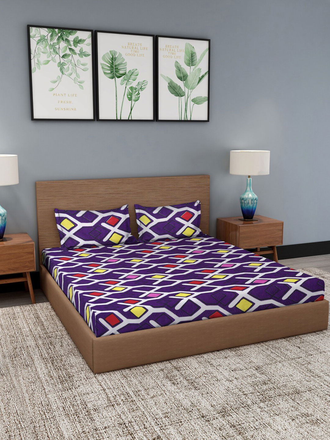 Dhrohar Purple Geometric Cotton 180 TC King Fine Bedsheet with 2 Pillow Covers-254 x 228 cm