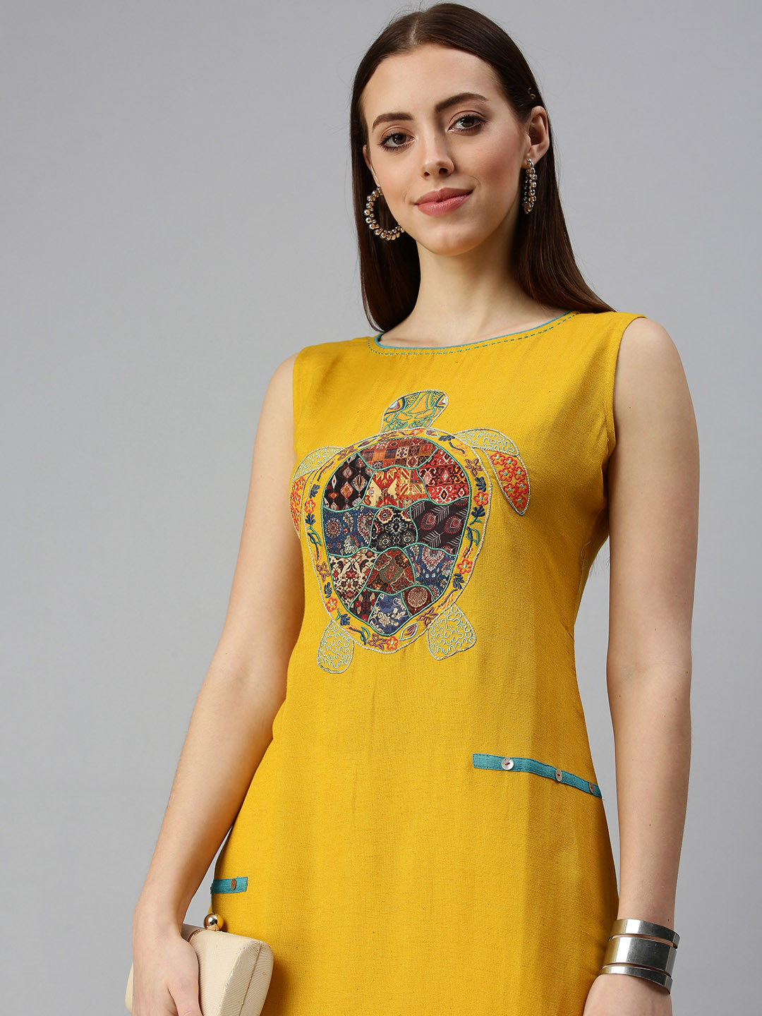 SHOWOFFFF Women Yellow Sleeveless Round Neck Thread Work Straight Kurta