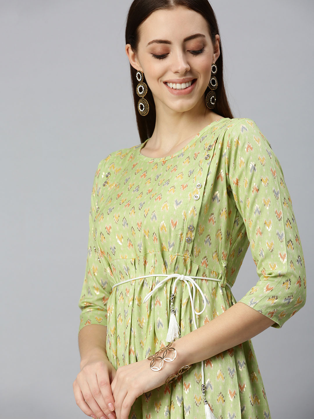 SHOWOFF Women Lime Green Ikat Printed Three-Quarter Sleeves Round Neck Kurta