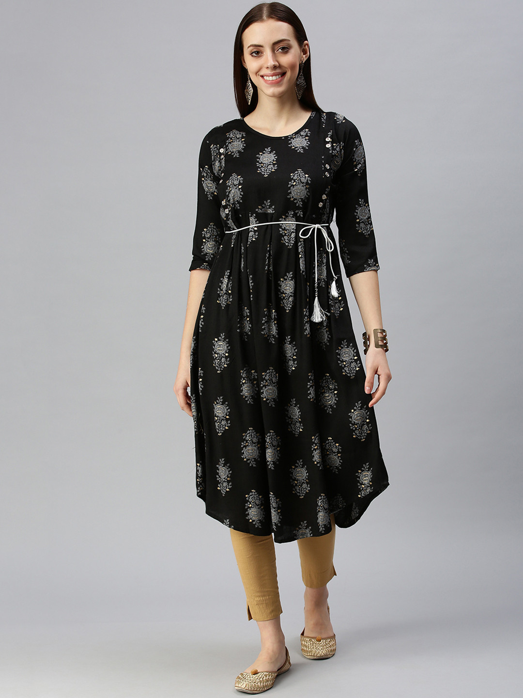 SHOWOFF Women Black Ethnic Motifs Printed Round Neck Three-Quarter Sleeves A-line Kurta
