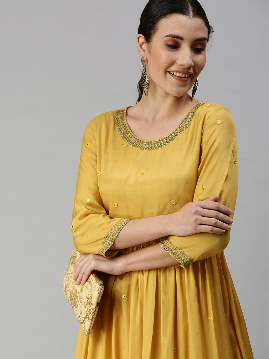 SHOWOFF Yellow Women Solid Three-Quarter Sleeves Round Neck Mirror Work Anarkali Kurta