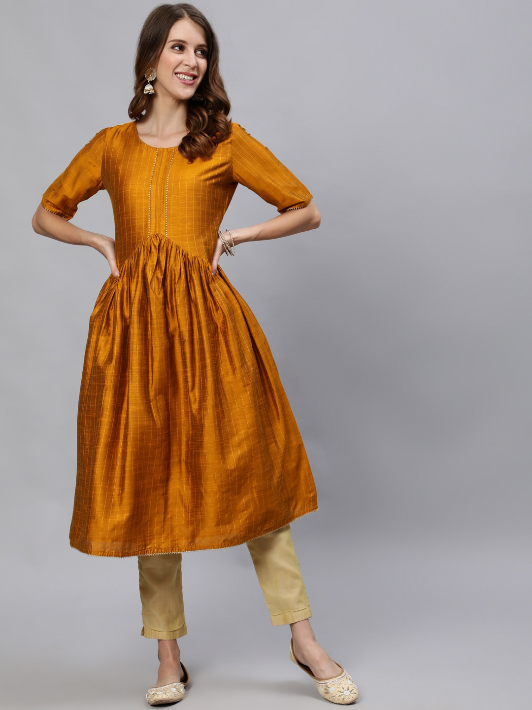 Jaipur Kurti Women Mustard Yellow Gotta Patti Chanderi Silk Anarkali Kurta