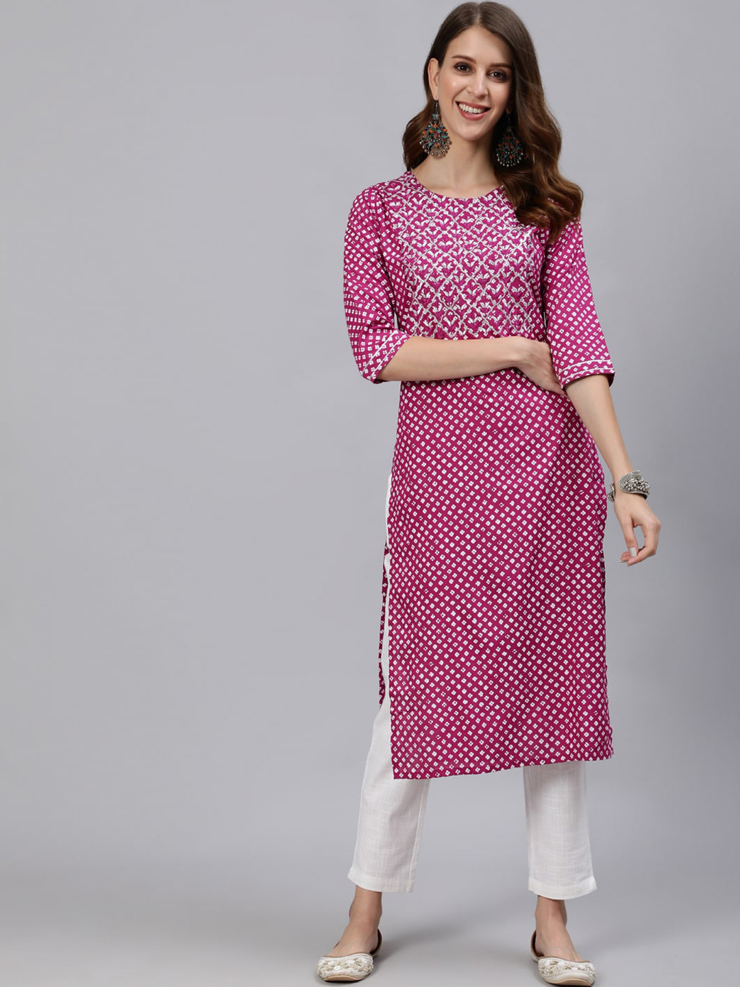 Jaipur Kurti Women Magenta Printed Straight Kurta With Embroidered Yoke Design