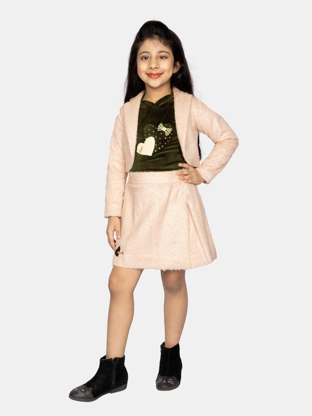 Peppermint Girls Beige Self Design A-Line Dress