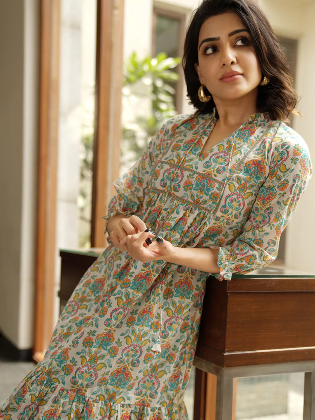Saaki Multicoloured Ethnic Motifs Tie-Up Neck Ethnic Cotton A-Line Midi Dress
