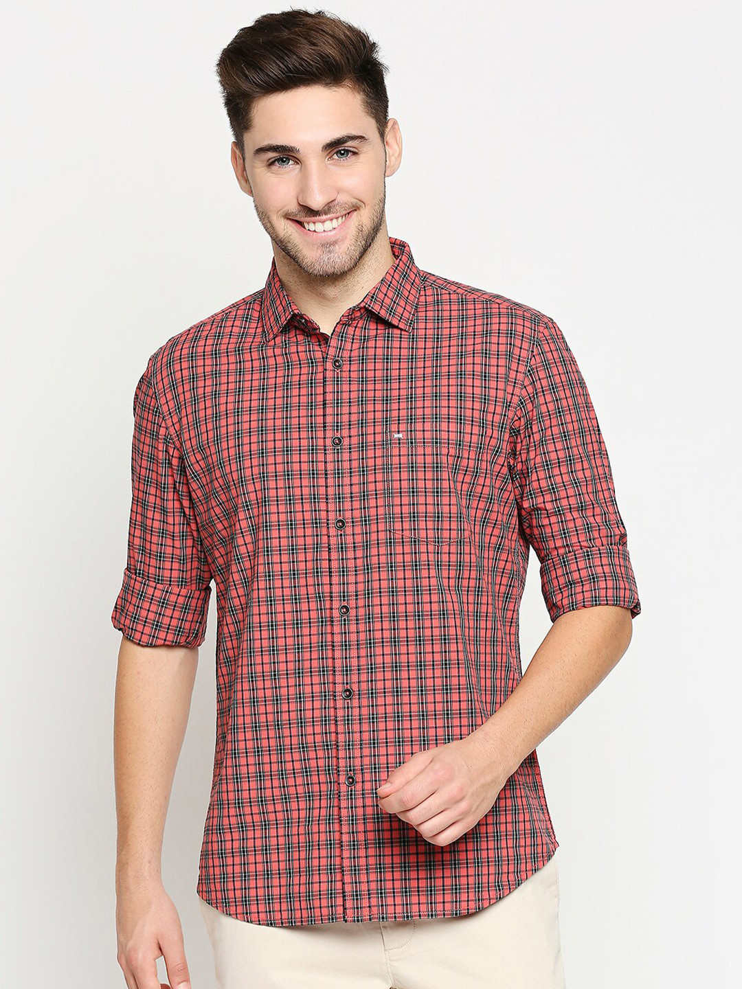 Basics Men Coral Red & Black Slim Fit Tartan Checks Checked Pure Cotton Casual Shirt