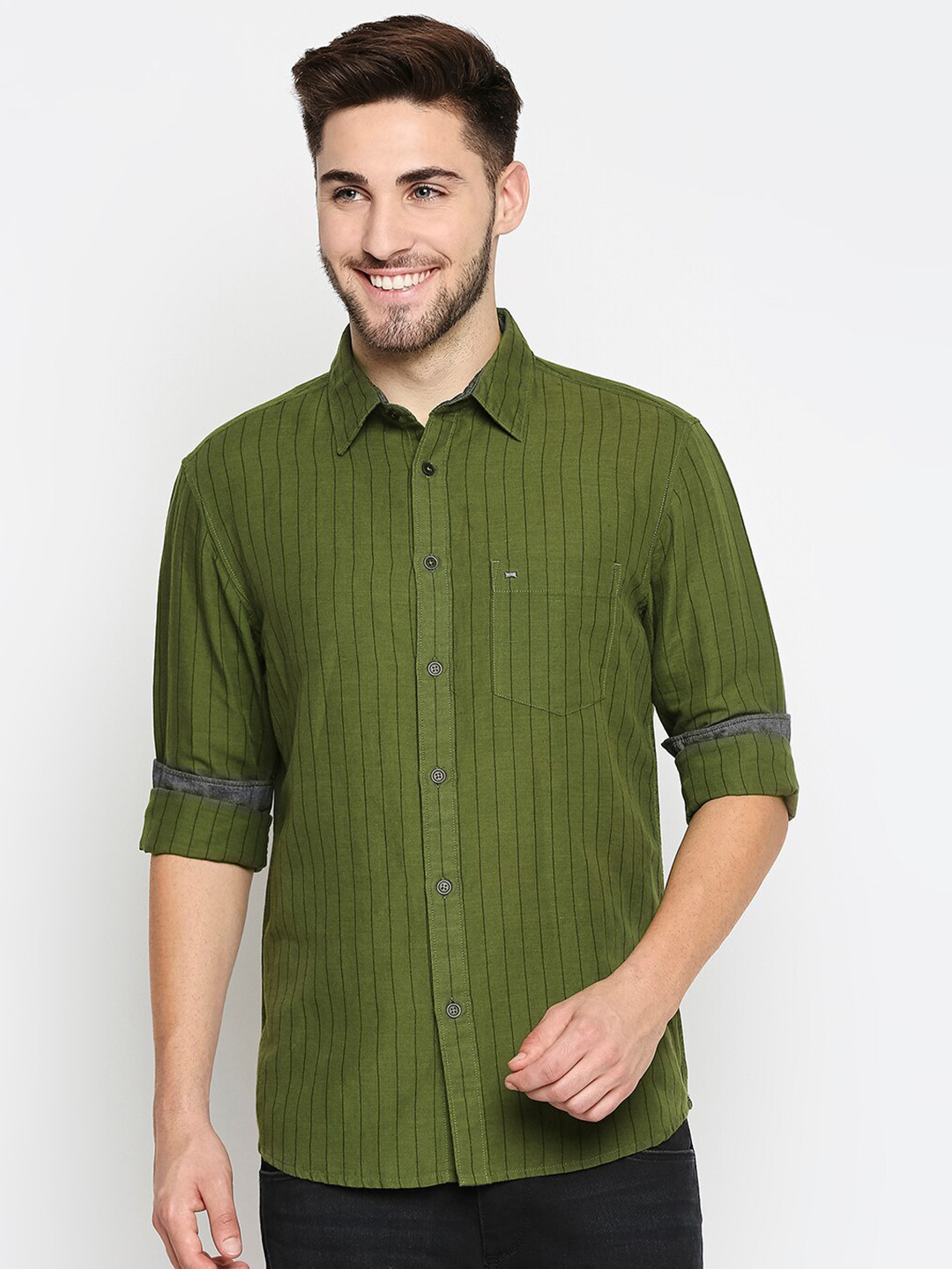 Basics Men Green Slim Fit Grid Tattersall Checked Cotton Casual Shirt