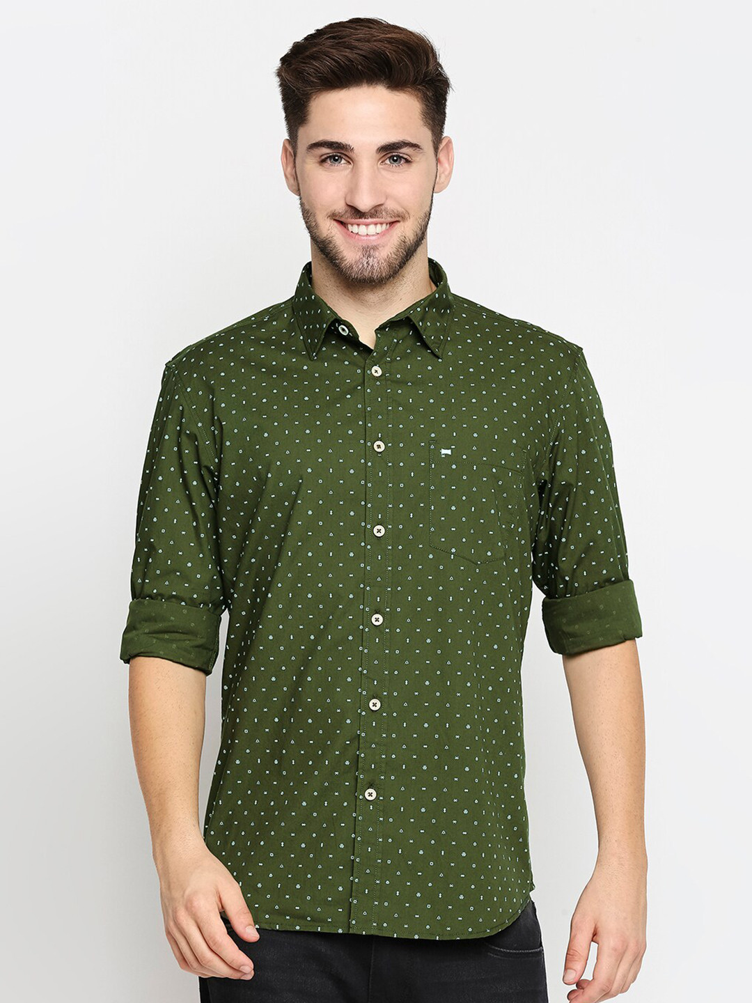 Basics Men Olive Green Slim Fit Micro Printed Pure Cotton Casual Shirt