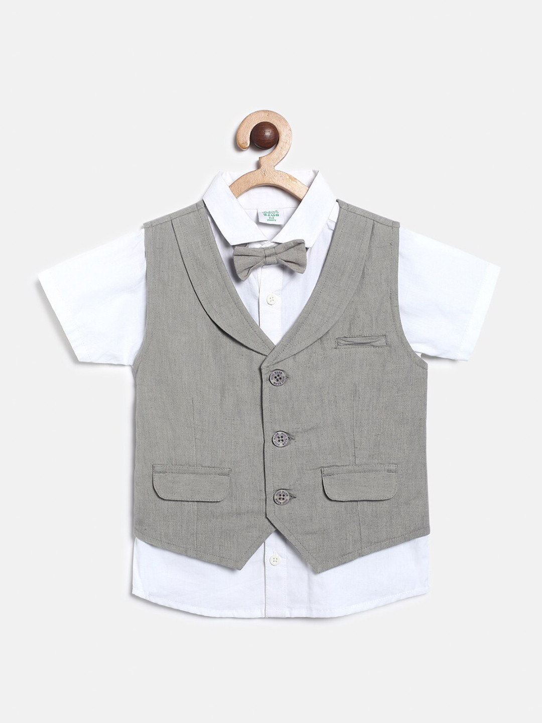 MINI KLUB Boys Grey & White Shirt & Shorts With Waistcoat & Bow
