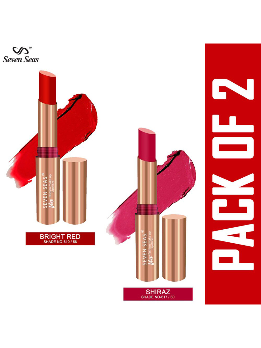 Seven Seas Set of 2 Matte Fashion Makeup Lipstick - Bright Red 56 & Shiraz 60