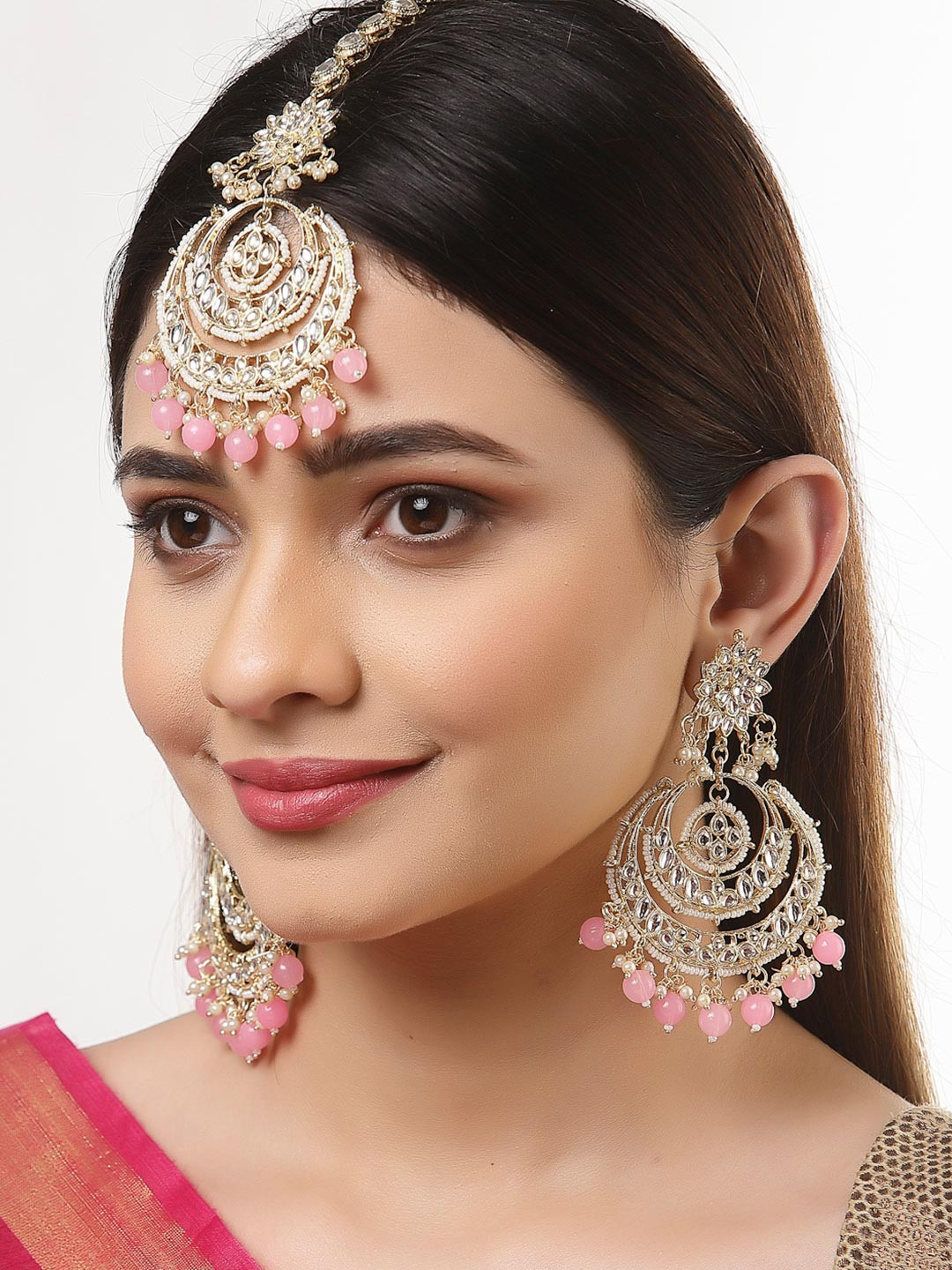 ZENEME Gold Plated Kundan & Pearl Studded Beaded Earring With Maang Tikka Jewellery Set