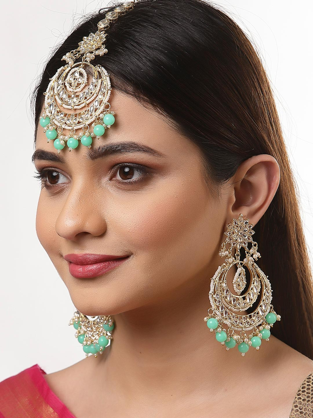 ZENEME Gold-Plated Kundan & Beads Studded Earring with Maangtikka Jewellery Set