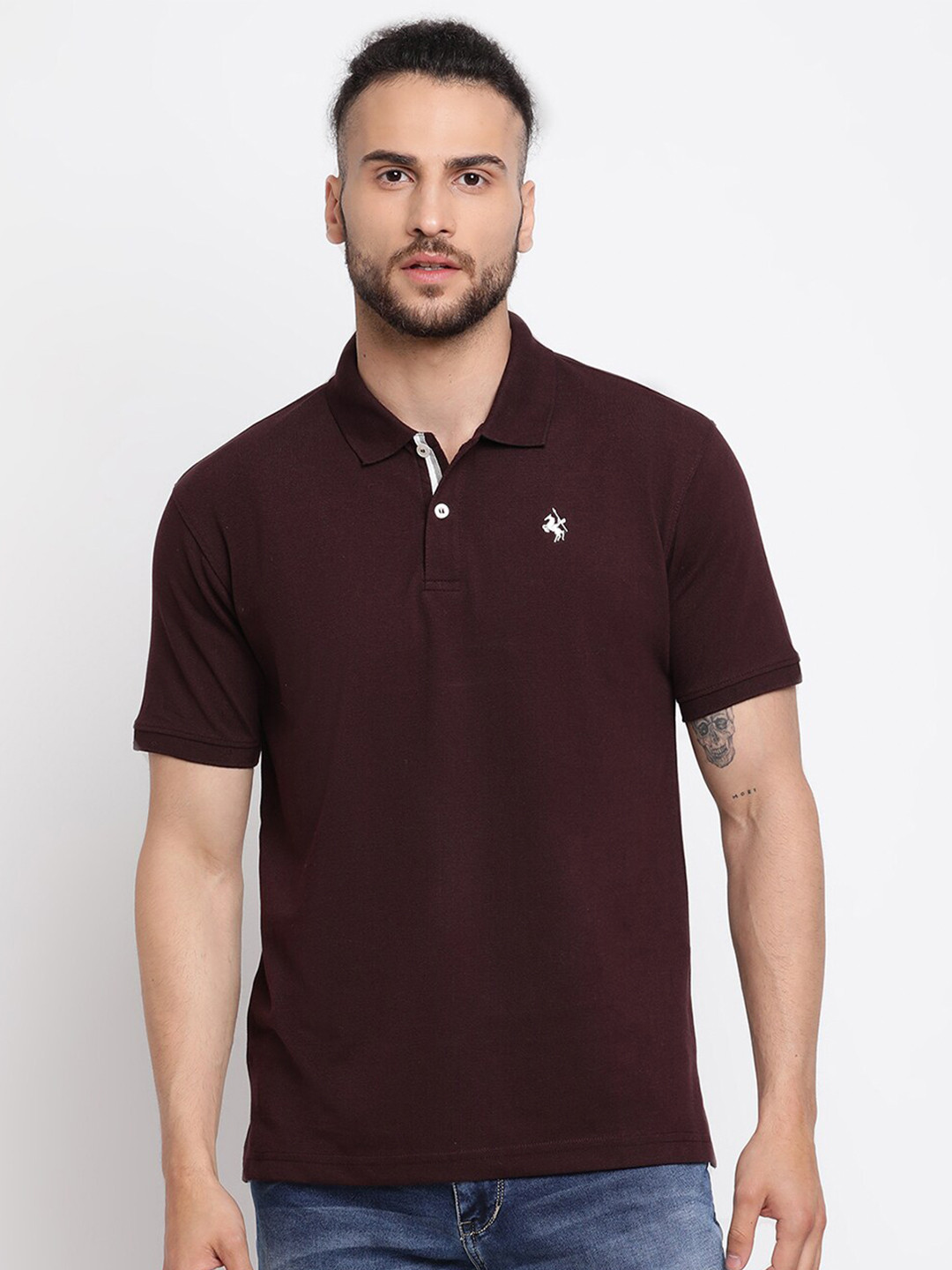 Cantabil Men Burgundy Polo Collar Regular Fit Cotton T-shirt