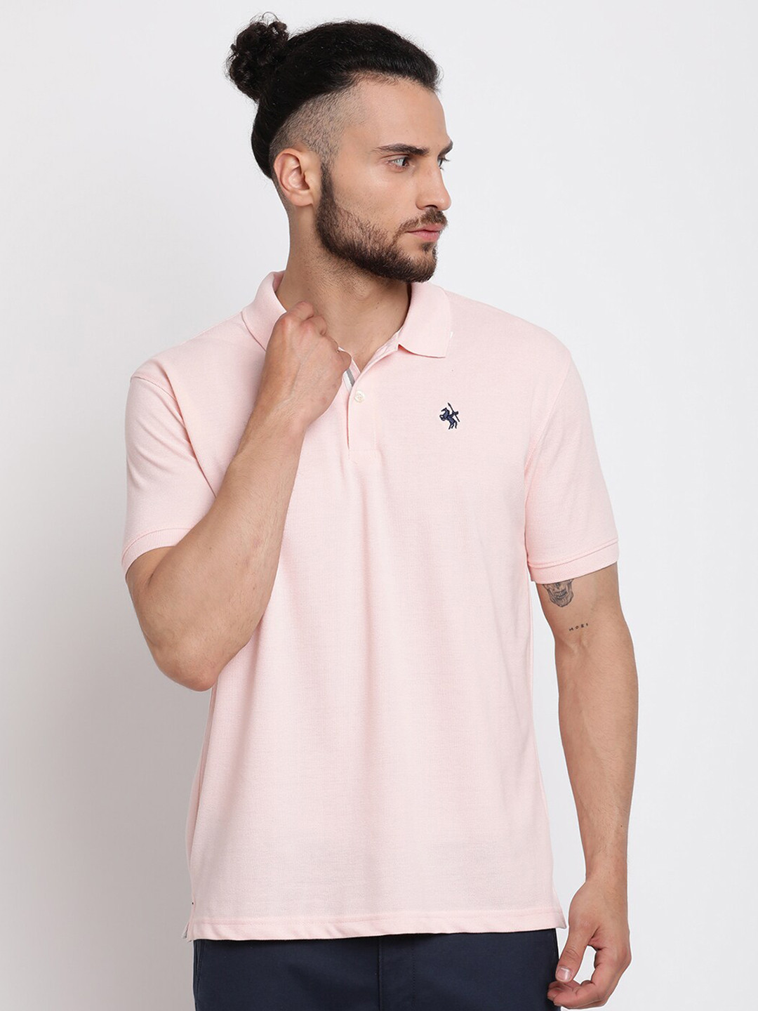 Cantabil Men Pink Polo Collar Regular Fit Cotton Trousers