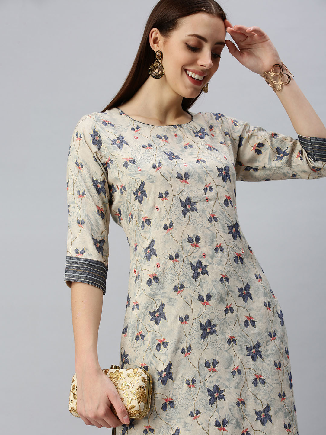 SHOWOFF Women Beige Floral Three-Quarter Sleeves Round Neck Straight Kurta Sets