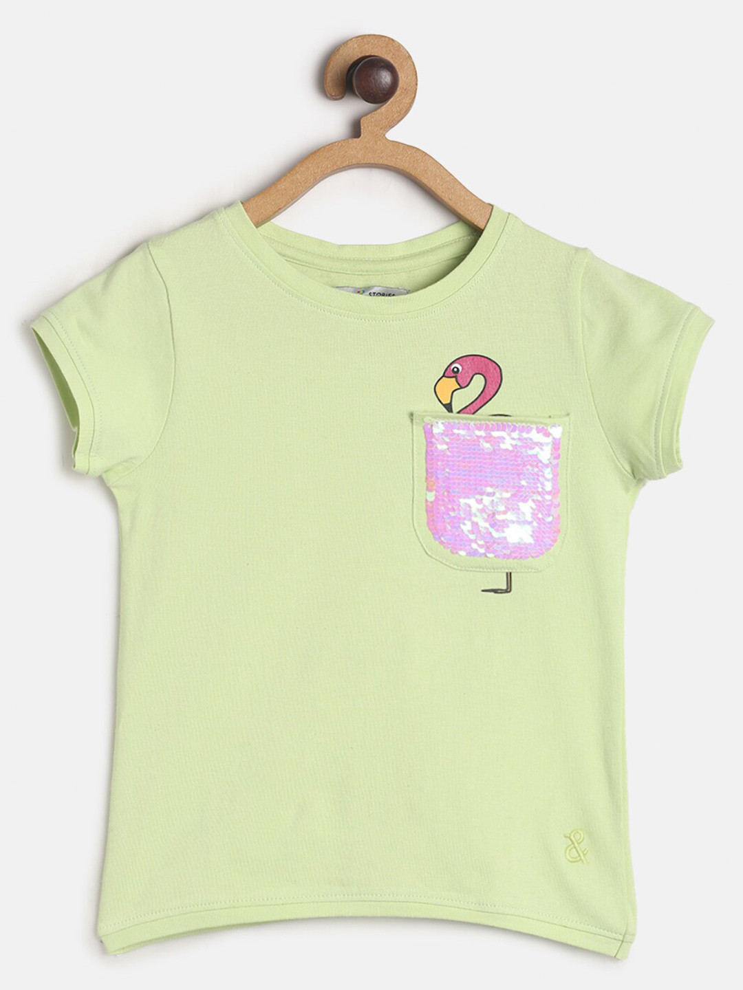 TALES & STORIES Girls Green Embellished Slim Fit T-shirt
