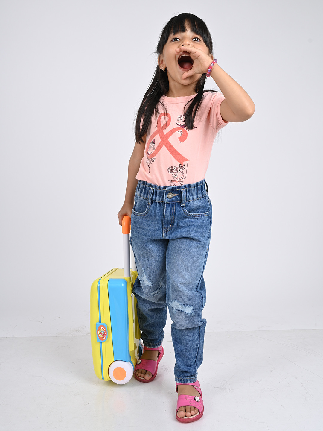 TALES & STORIES Girls Pale Pink Printed Slim Fit Cotton T-shirt