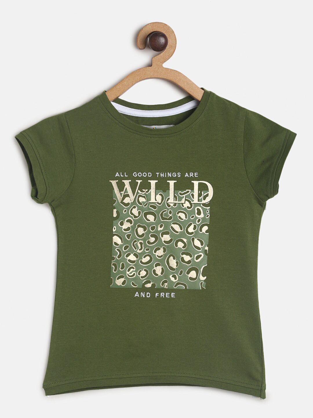 TALES & STORIES Girls Olive Green Printed Slim Fit Cotton T-shirt