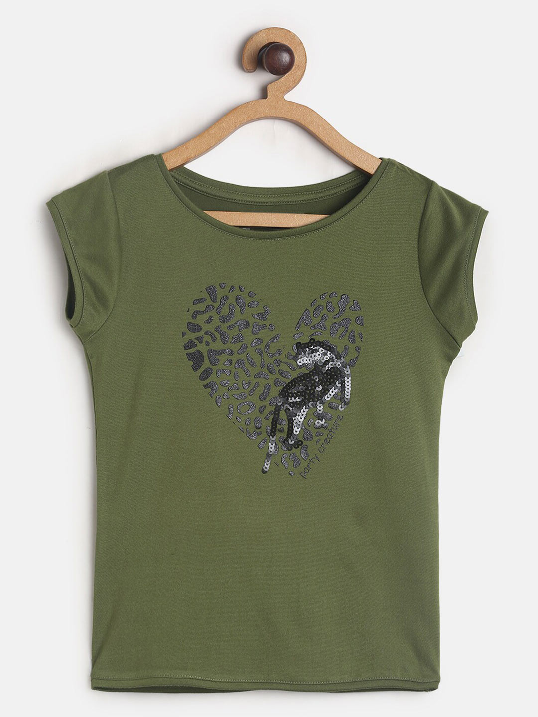 TALES & STORIES Girls Olive Green Printed Slim Fit T-shirt
