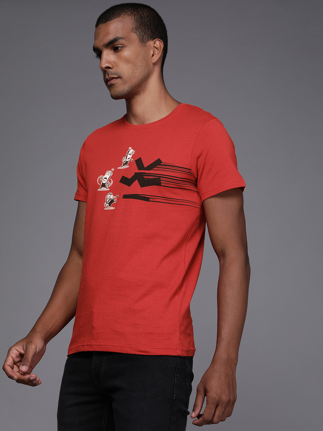 WROGN Men Red & Black Minions Printed Pure Cotton Slim Fit T-shirt