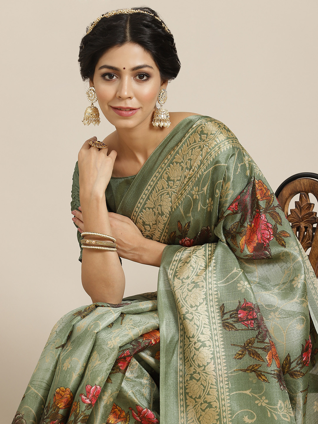 SIRIL Green Floral Art Silk Khadi Saree