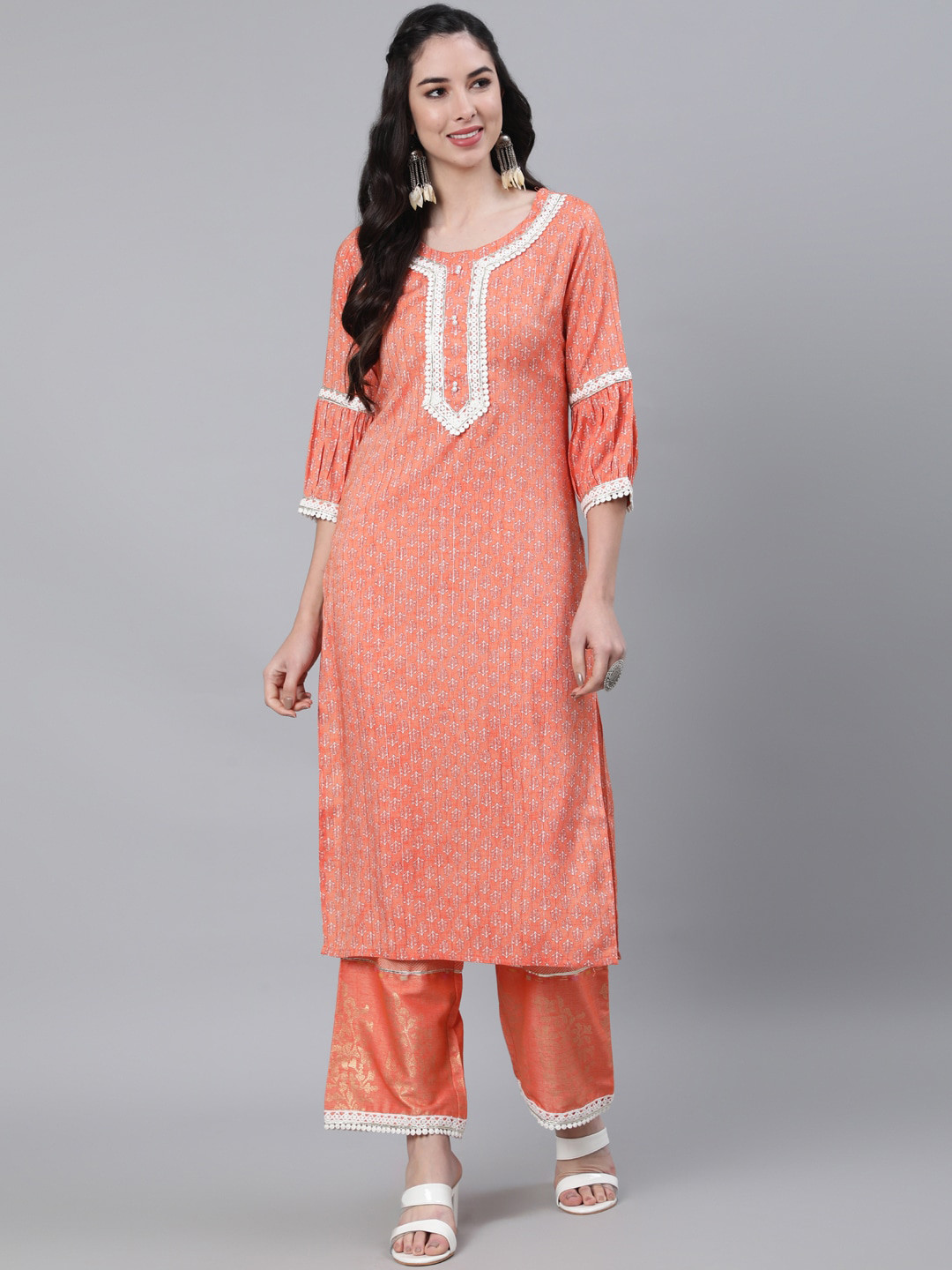 Jaipur Kurti Women Orange Floral Printed Kurta with Palazzos