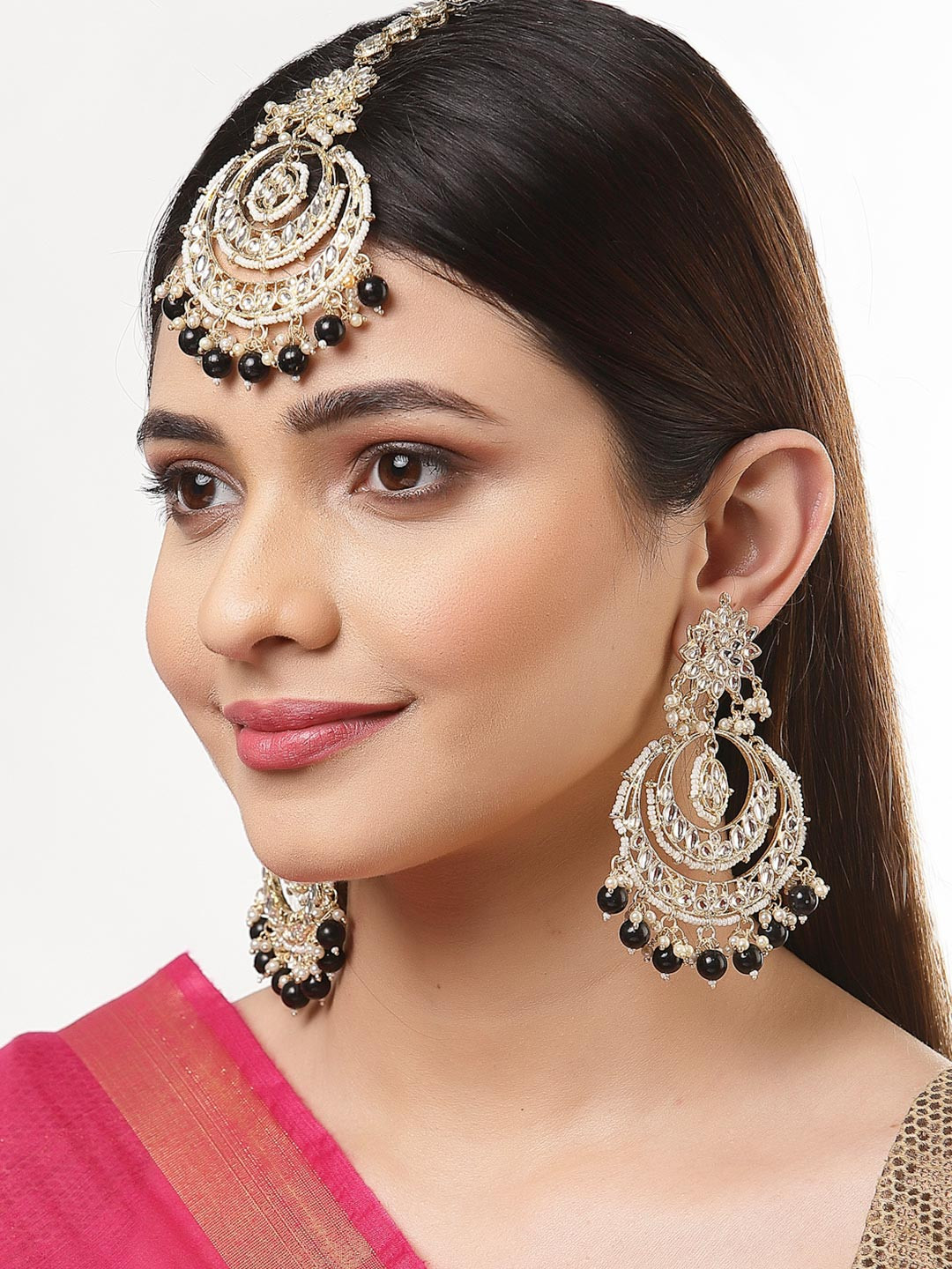 ZENEME Gold Plated Kundan studded Black Beaded Maangtikka & Earring Jewellery Set