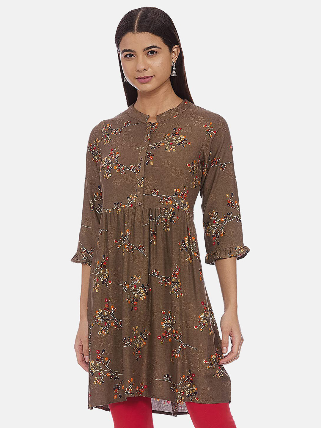 IVOC Brown Floral Print Empire Longline Top