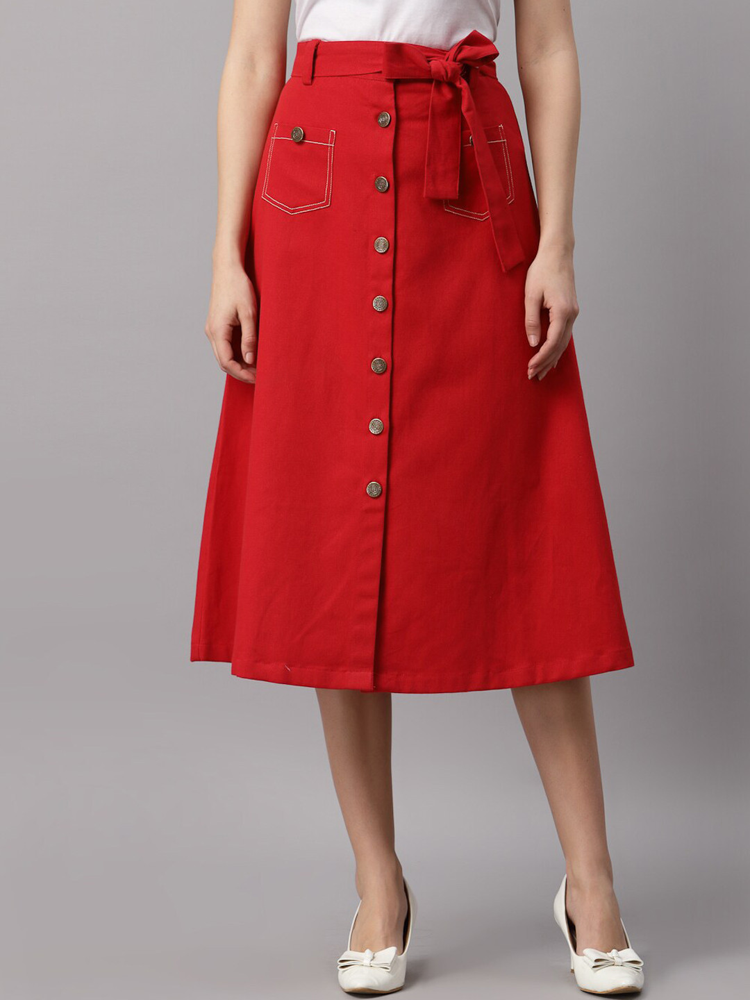 NEUDIS Women Red Cotton Twill Midi A-Line Skirt