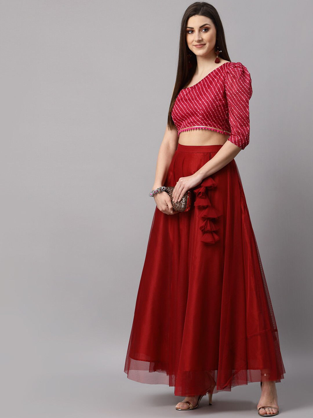 NEUDIS Women Maroon Solid Soft Net Flared Maxi Lehenga Skirt